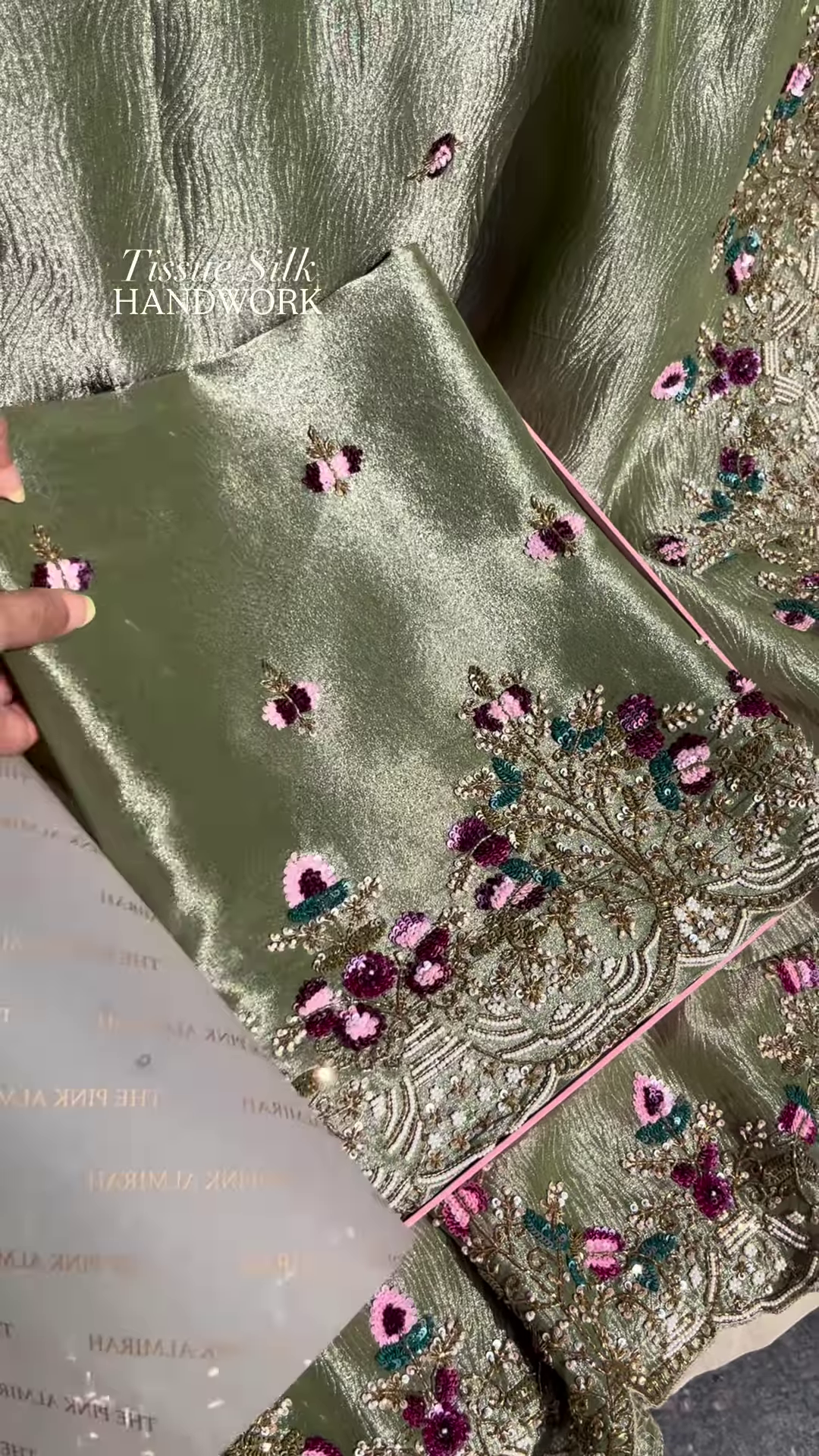 Luxurious Olive Green Tissue Silk Handwork SuitLuxurious Olive Green Tissue Silk Handwork Suit