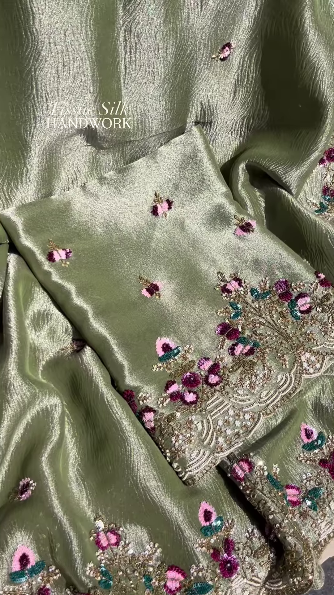 Luxurious Olive Green Tissue Silk Handwork SuitLuxurious Olive Green Tissue Silk Handwork Suit