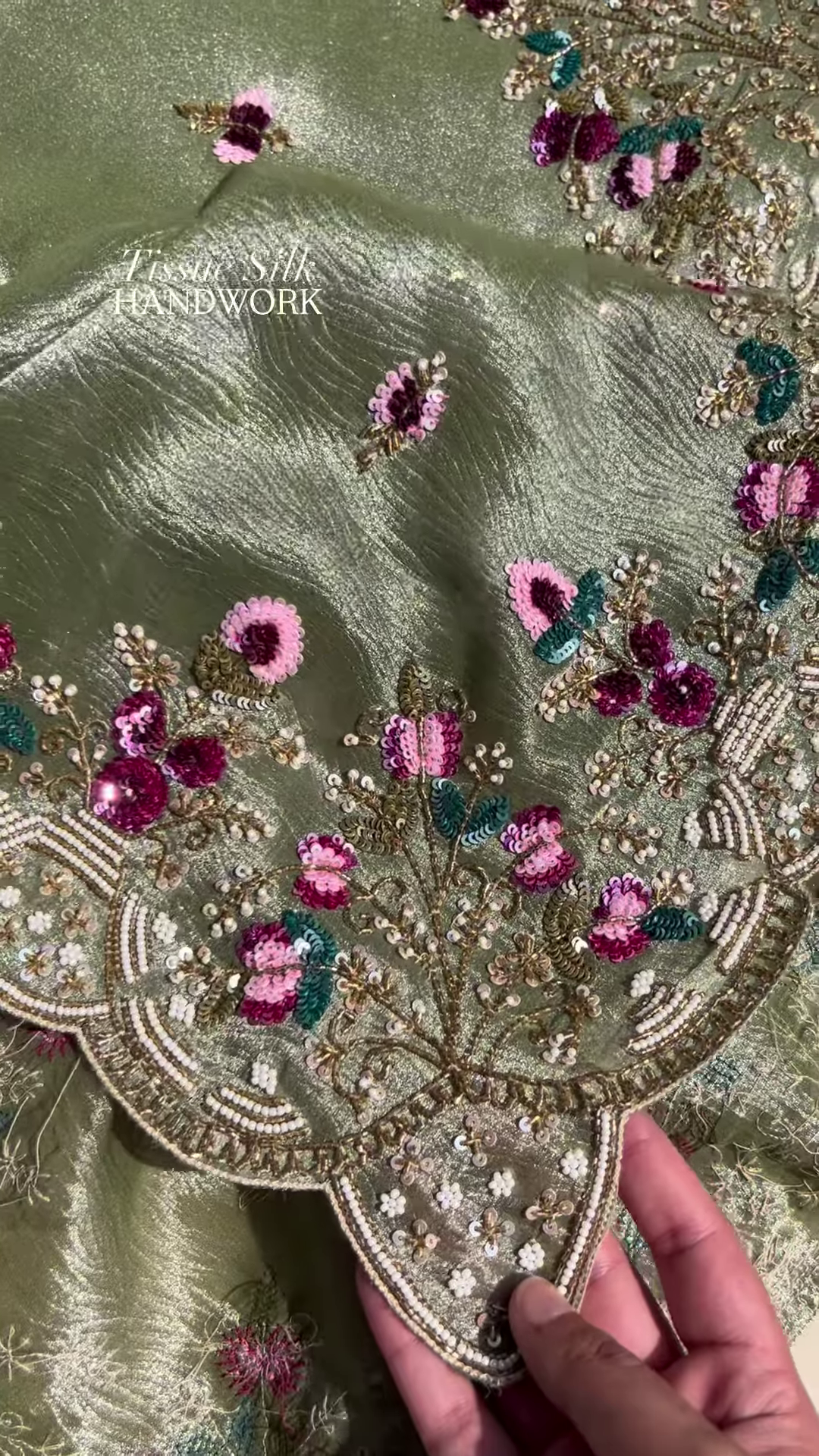 Luxurious Olive Green Tissue Silk Handwork SuitLuxurious Olive Green Tissue Silk Handwork Suit