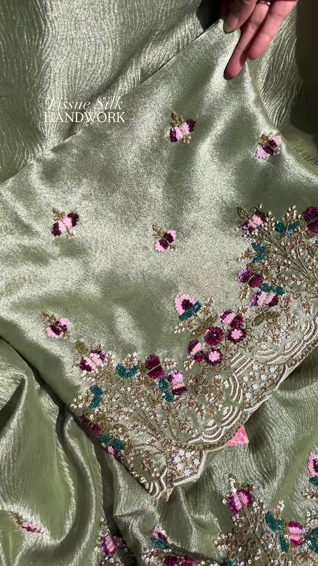 Luxurious Olive Green Tissue Silk Handwork SuitLuxurious Olive Green Tissue Silk Handwork Suit