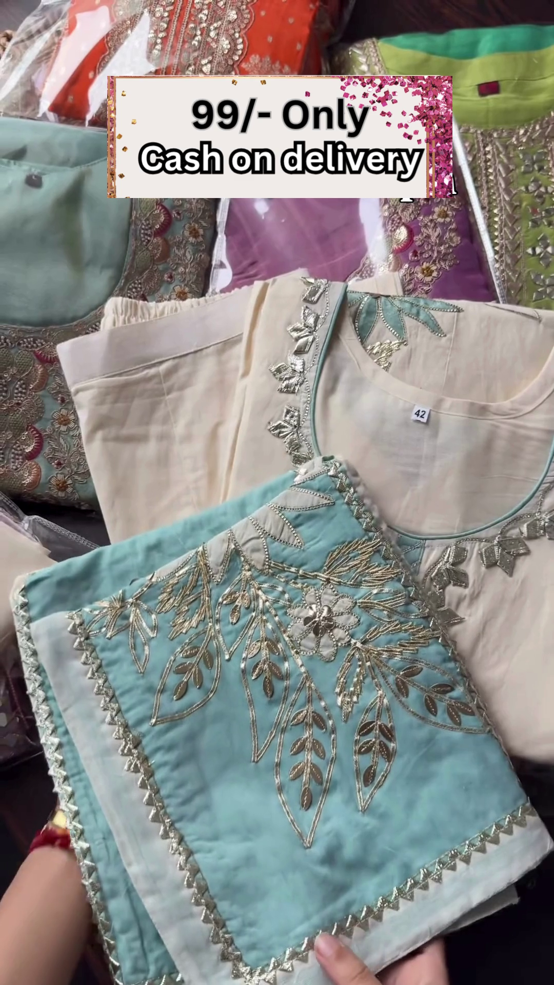 Premium Kundan Organza Suit set featuring floral digital prints and intricate handwork.