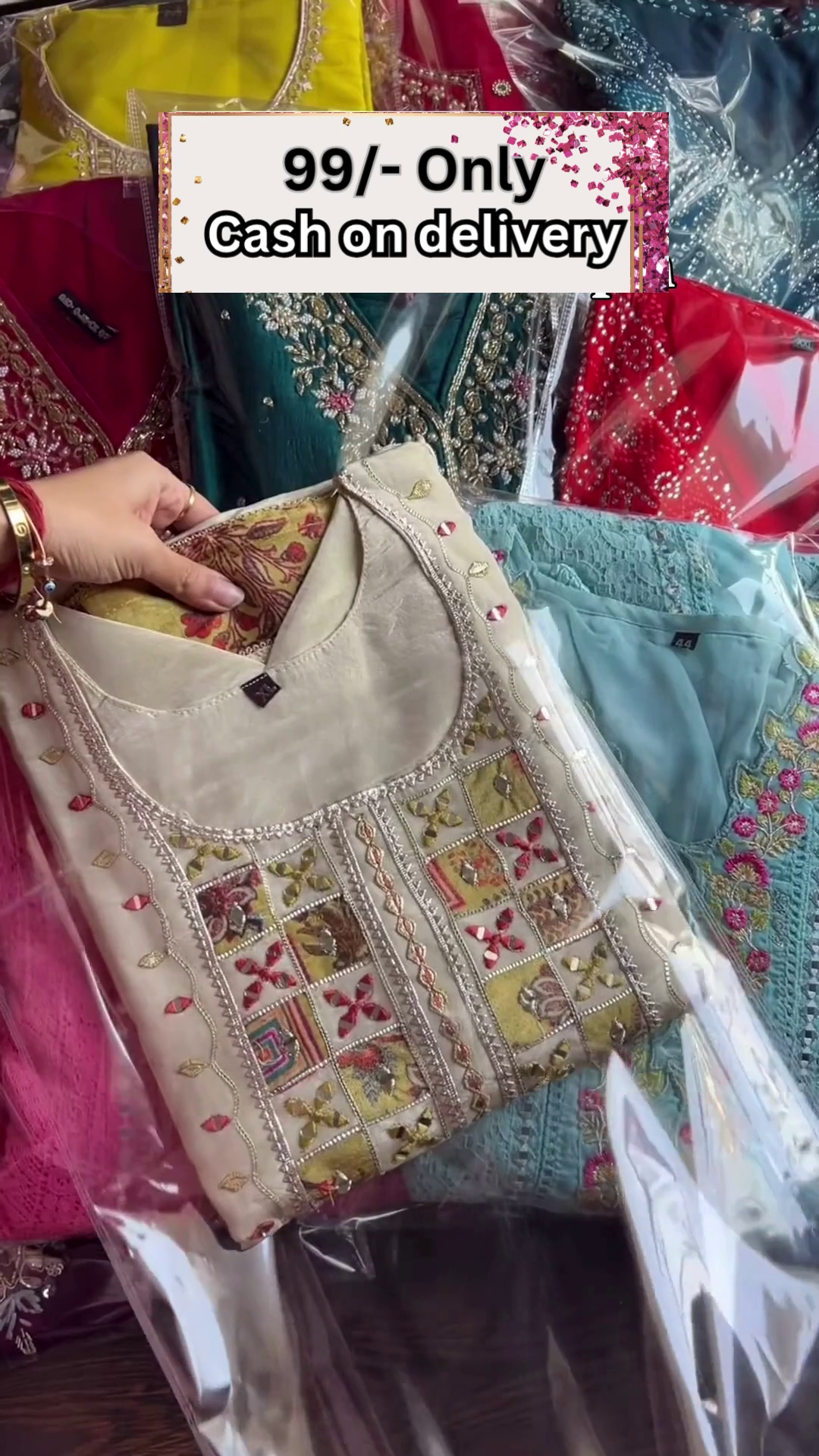 Premium Kundan Organza Suit set featuring floral digital prints and intricate handwork.