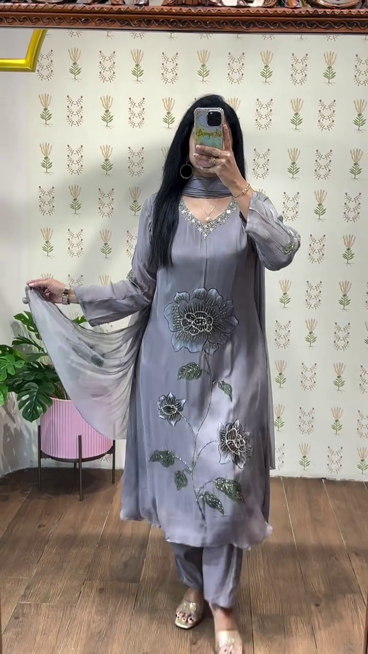 Sophisticated Grey Floral Suit – Minimal Yet Striking