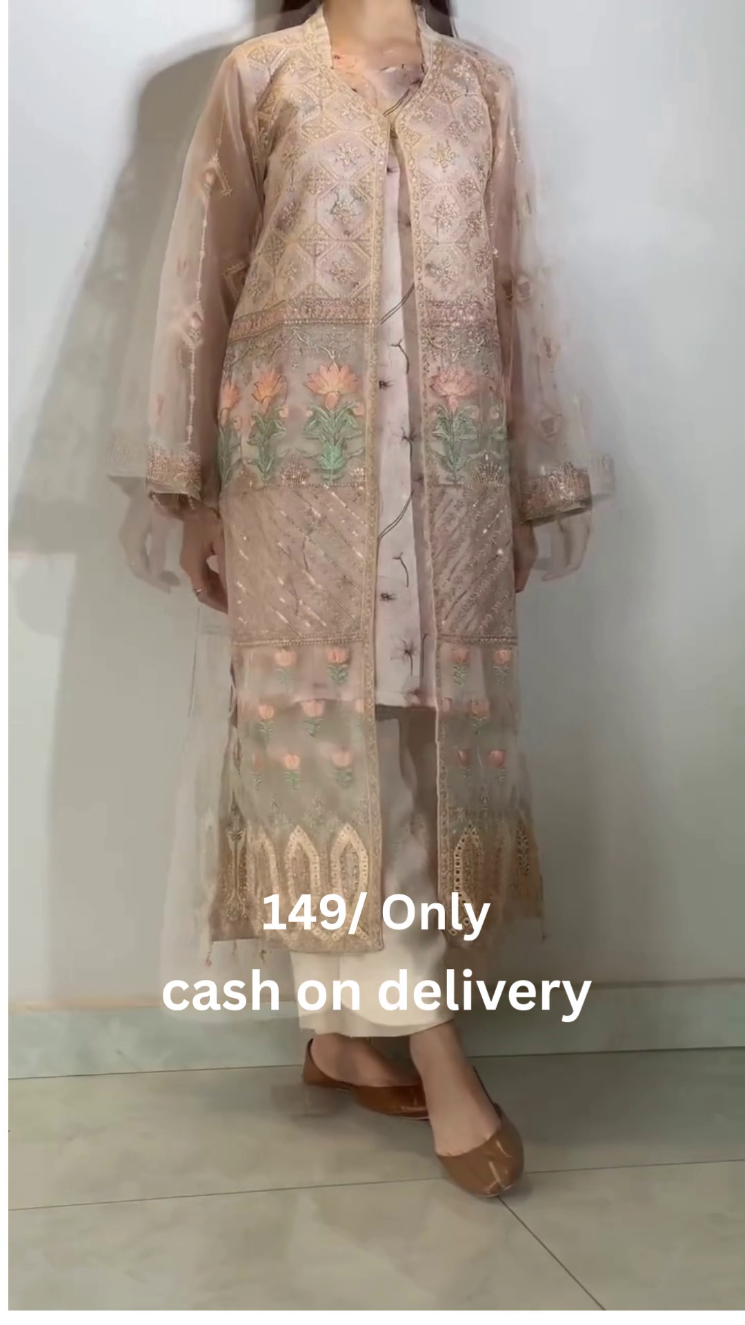 Elegant Beige Embroidered Long Set – Soft Pastel Perfection