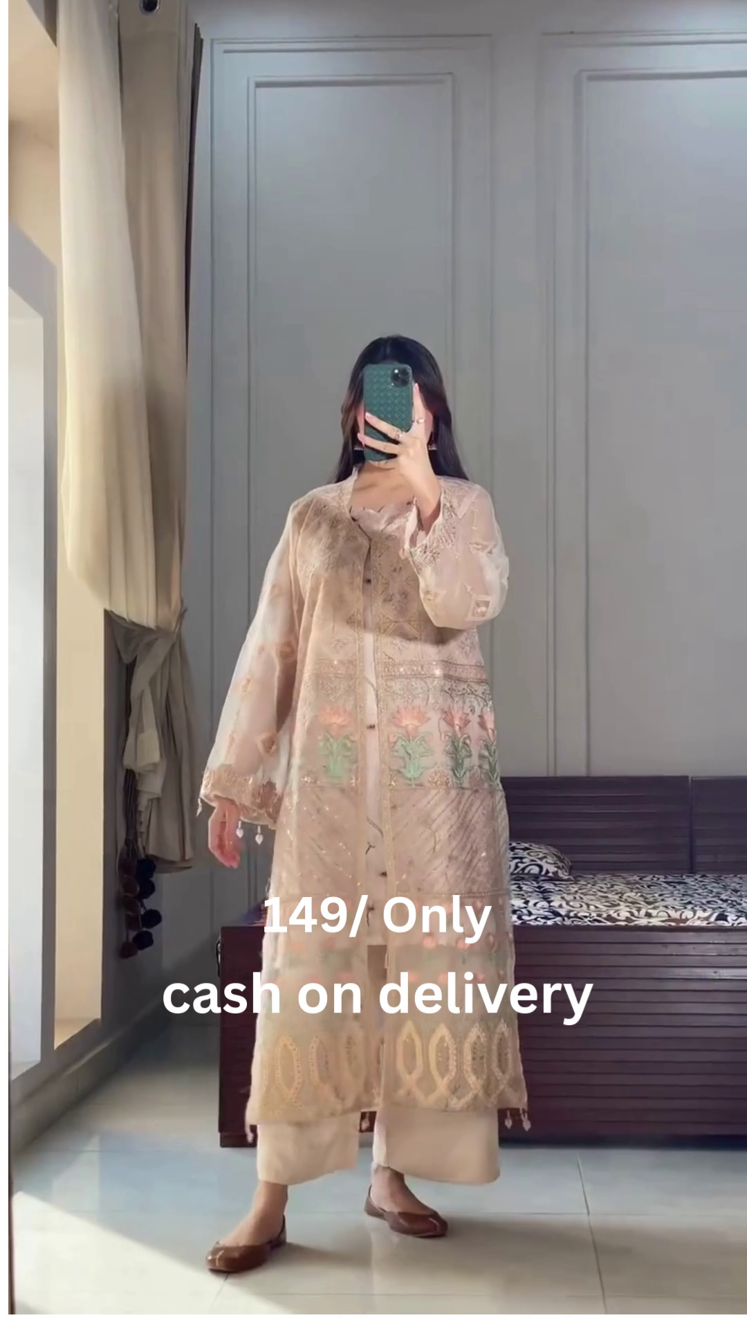 Elegant Beige Embroidered Long Set – Soft Pastel Perfection