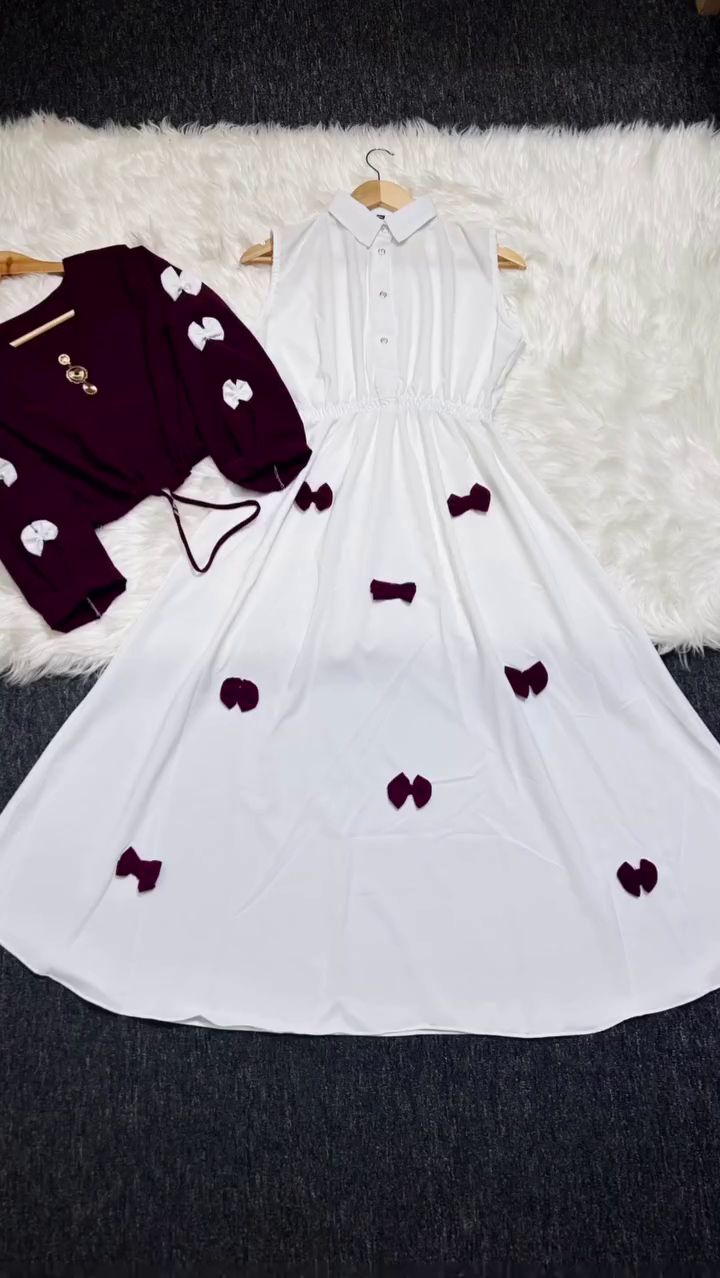 Chic White Bow Dress with Maroon Shrug – Cute & Stylish Combo