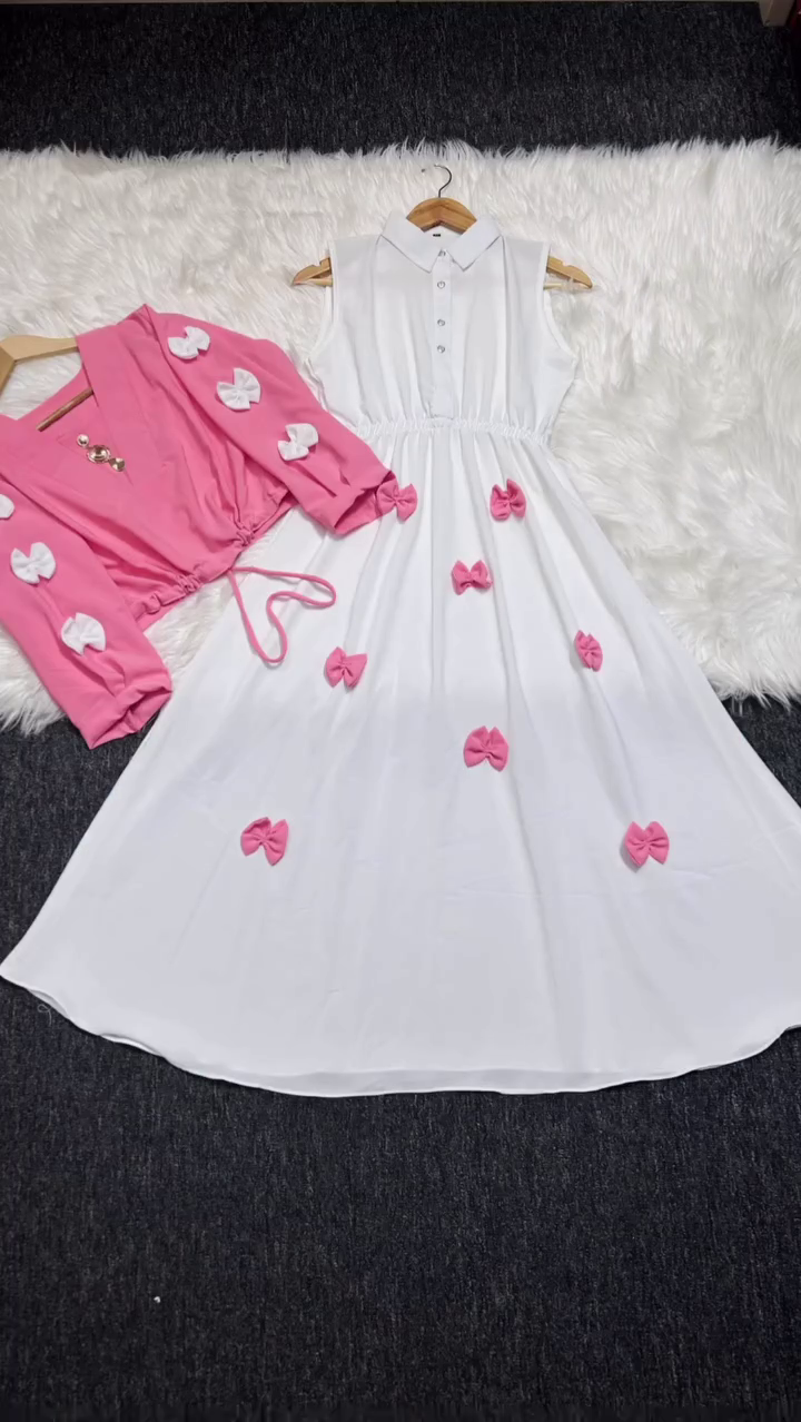 Chic White Bow Dress with Maroon Shrug – Cute & Stylish Combo