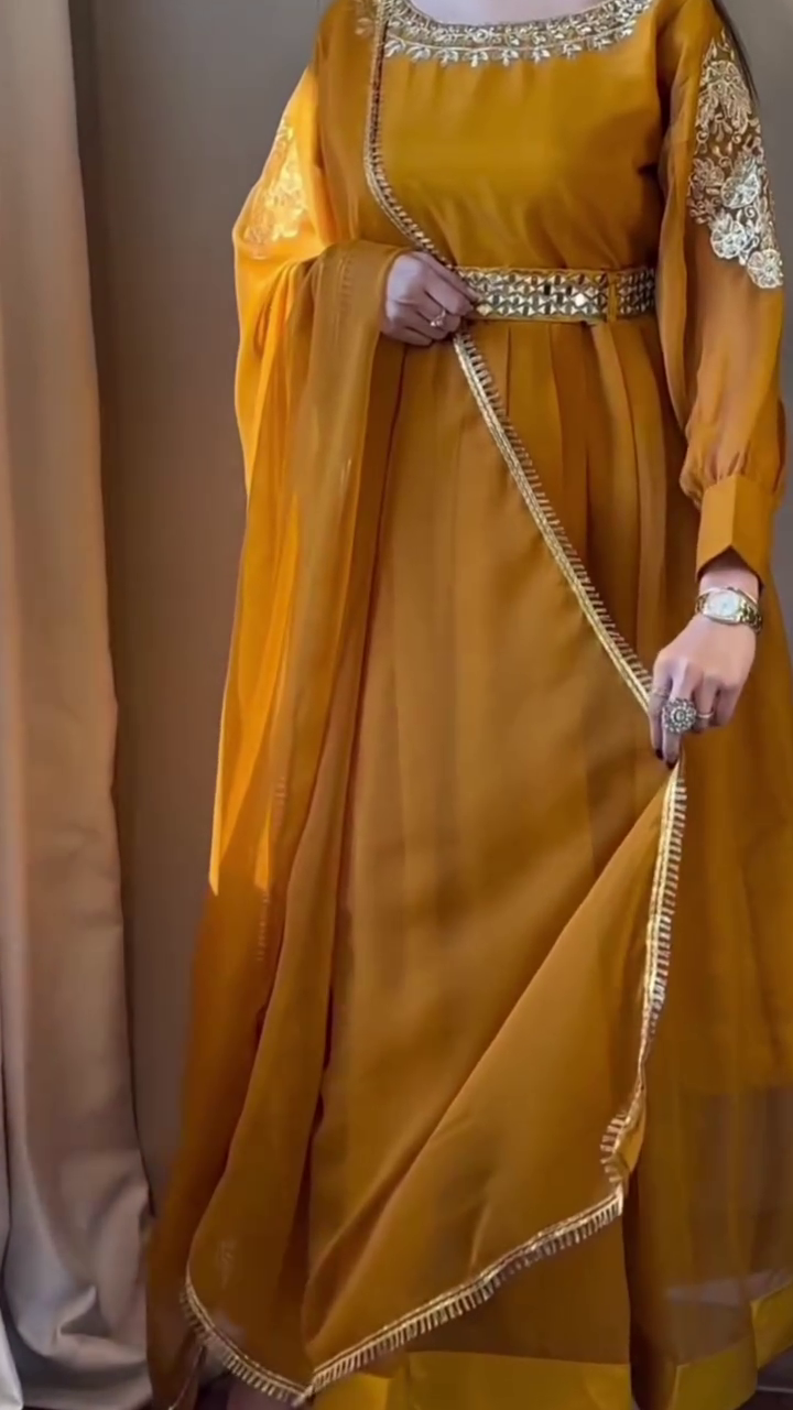 Regal Mustard Anarkali with Embellished Waist Belt