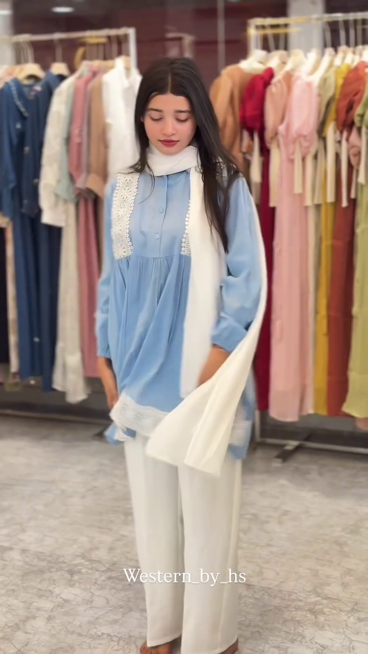 Soft Blue Tunic Set with Delicate White Lace Finish