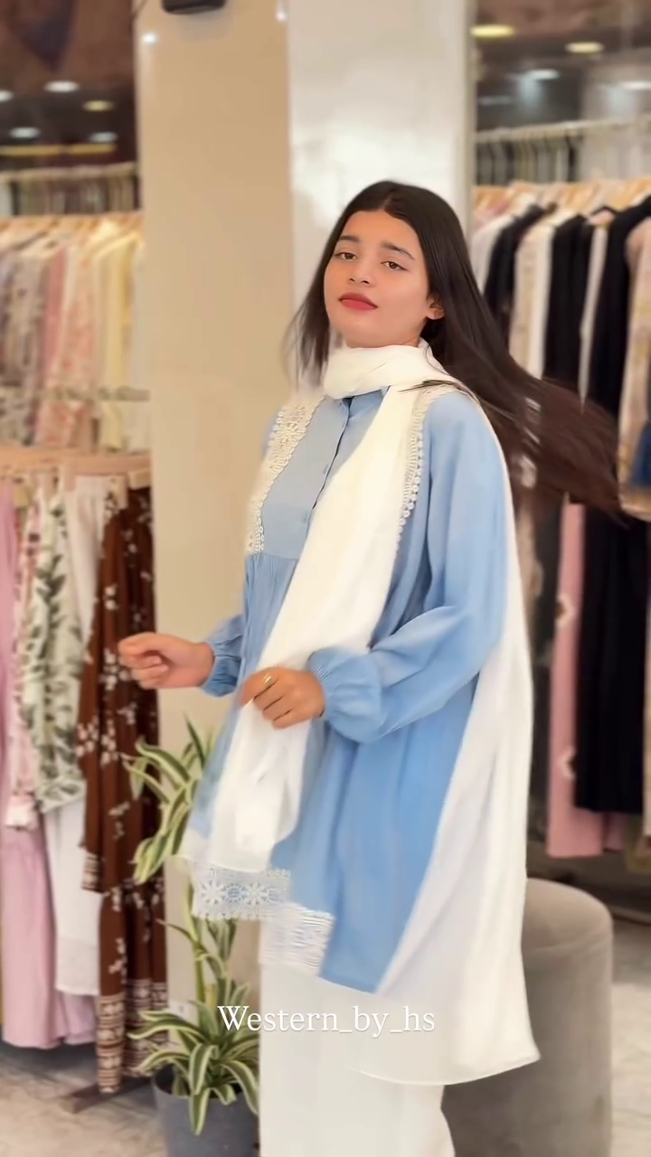 Soft Blue Tunic Set with Delicate White Lace Finish