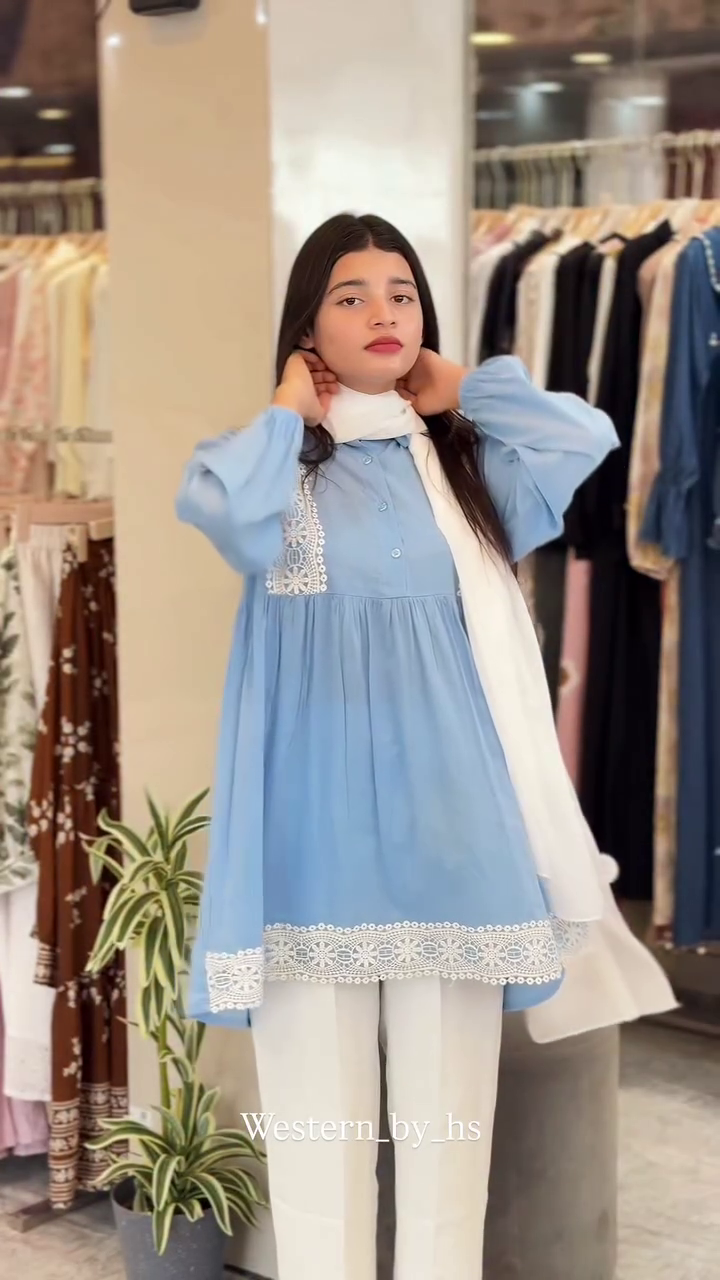 Soft Blue Tunic Set with Delicate White Lace Finish