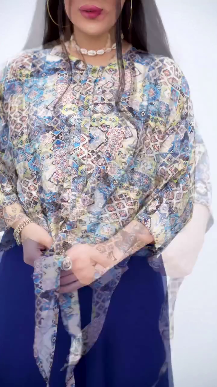 Artistic Printed Tie-Front Top with Earthy Tones