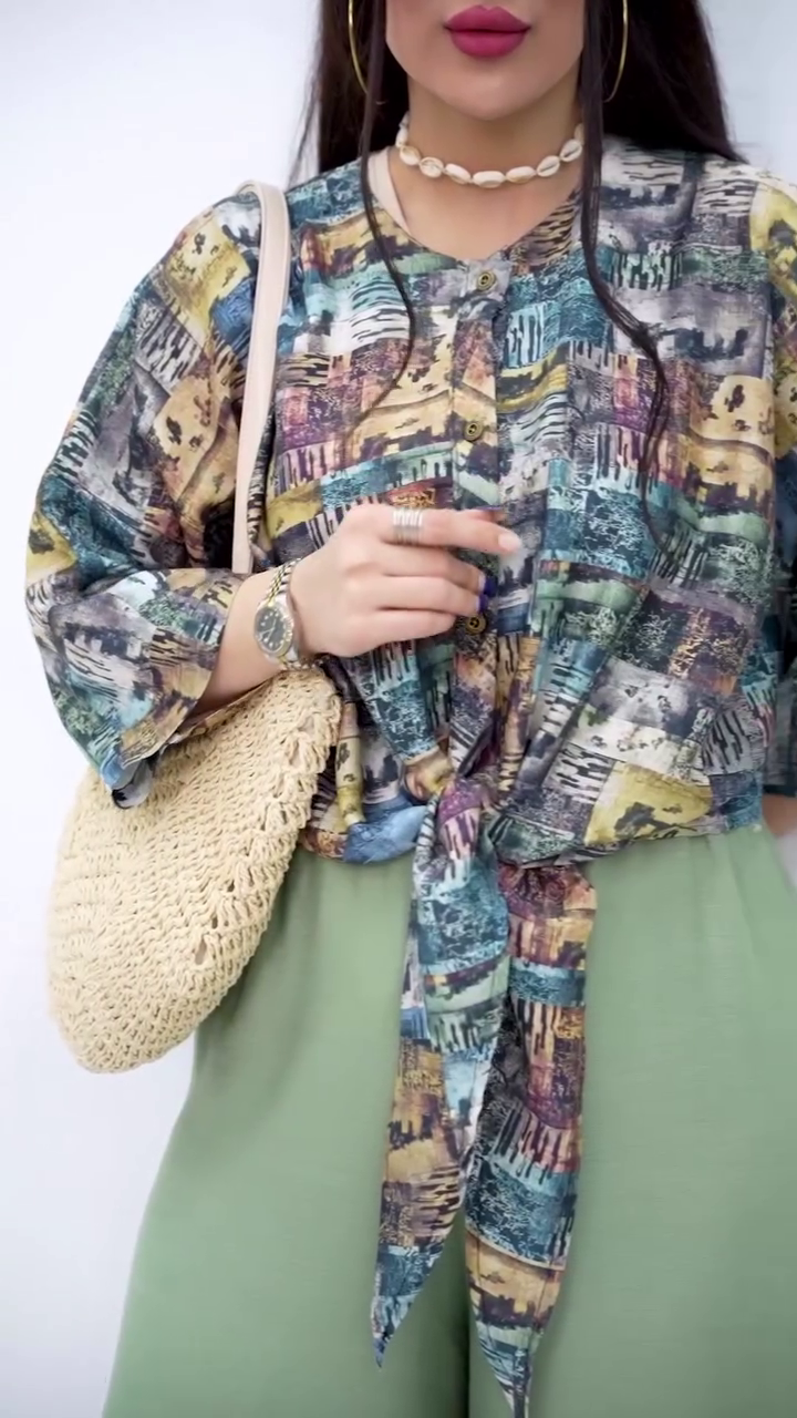 Artistic Printed Tie-Front Top with Earthy Tones