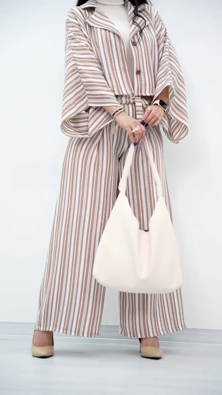 Elegant Beige Striped Co-Ord Set with Statement Sleeves