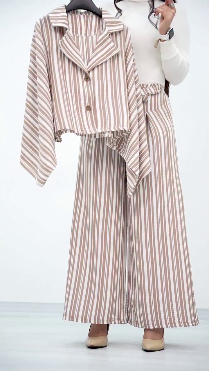 Elegant Beige Striped Co-Ord Set with Statement Sleeves