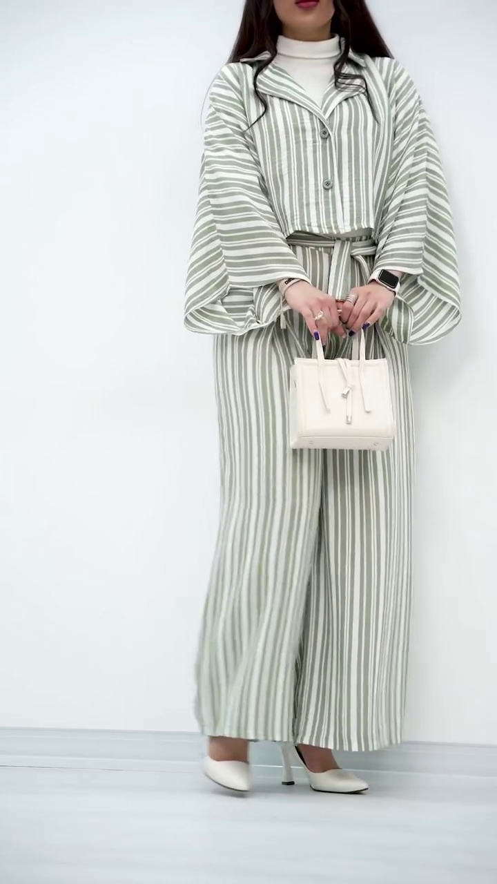 Elegant Beige Striped Co-Ord Set with Statement Sleeves