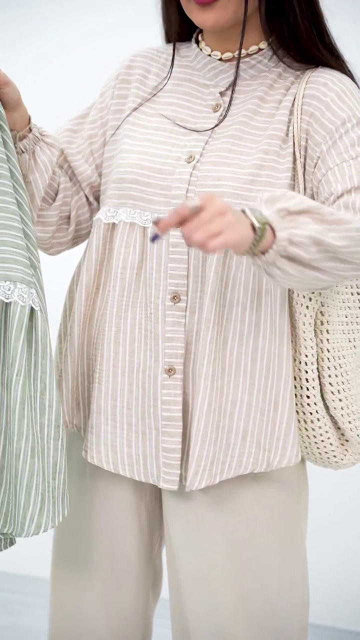 Chic Grey Striped Top with Delicate Lace Detail