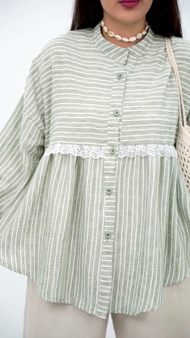Chic Grey Striped Top with Delicate Lace Detail