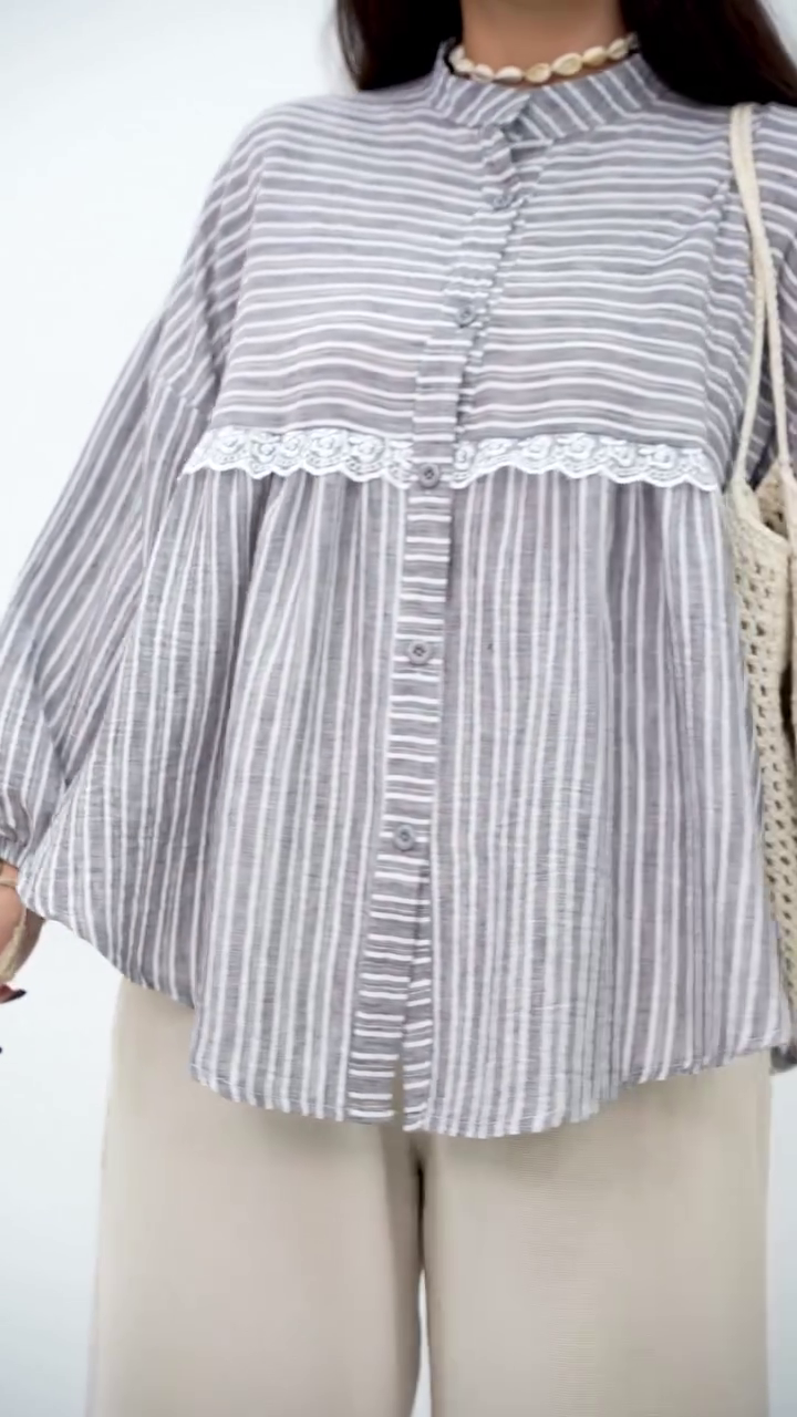 Chic Grey Striped Top with Delicate Lace Detail