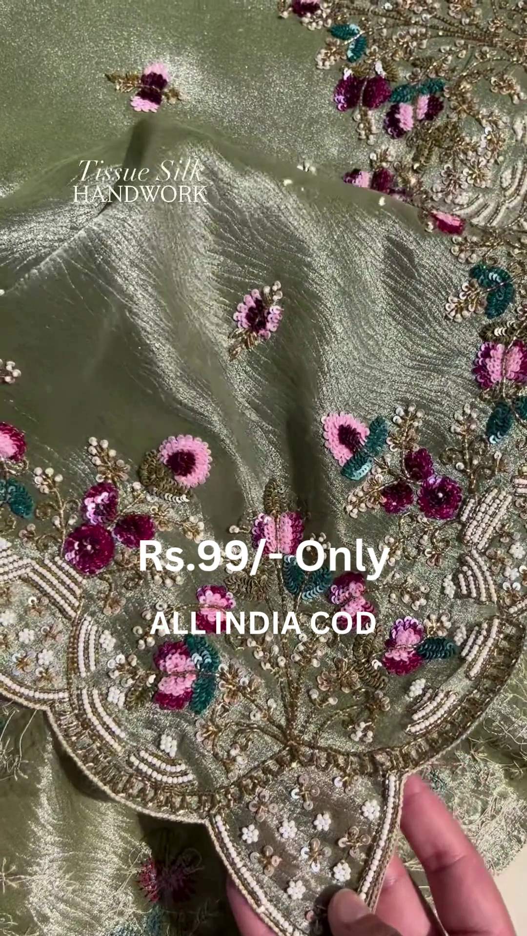 Tissue Silk Handwork Fabric – Intricate Floral Embroidery at Rs.99/- | All India COD
