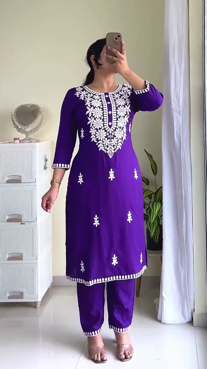 Royal Purple Embroidered Kurti Set – A Statement of Elegant Simplicity
