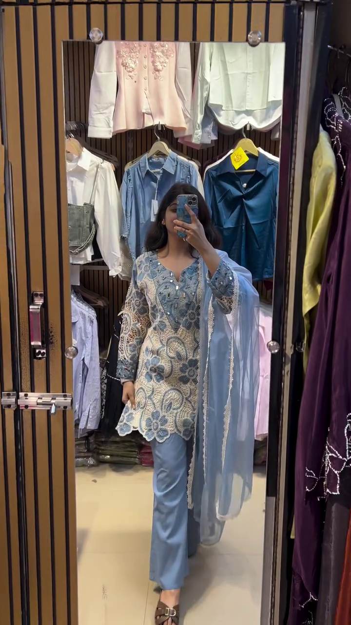 Soft Blue Embroidered Suit – Contemporary Grace with Delicate Detailing