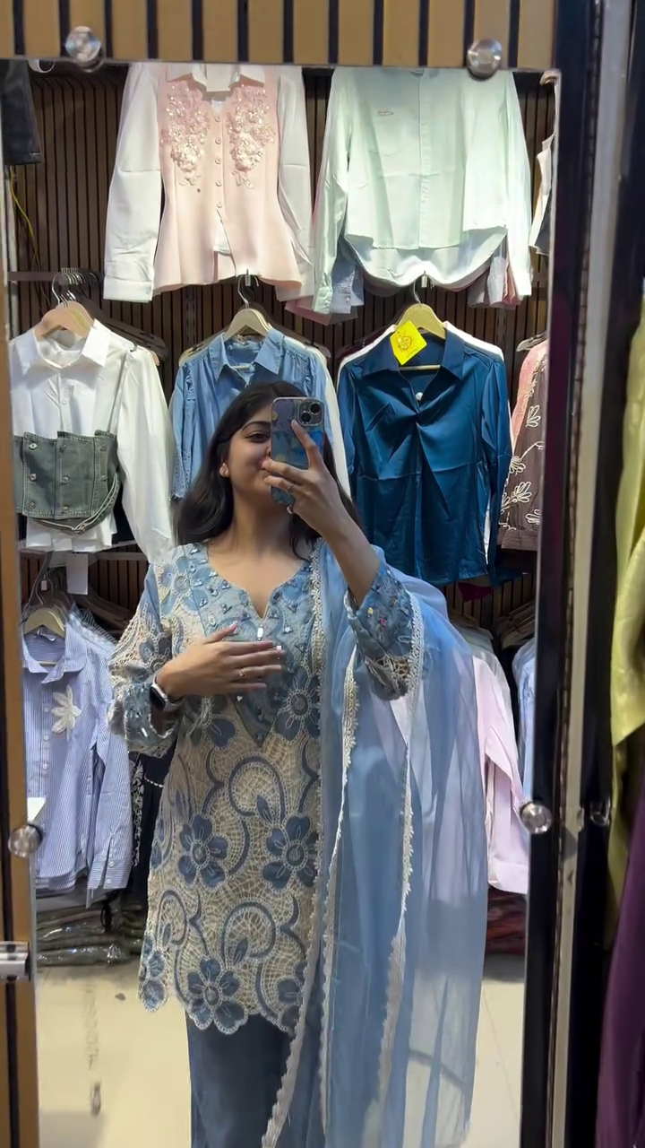 Soft Blue Embroidered Suit – Contemporary Grace with Delicate Detailing