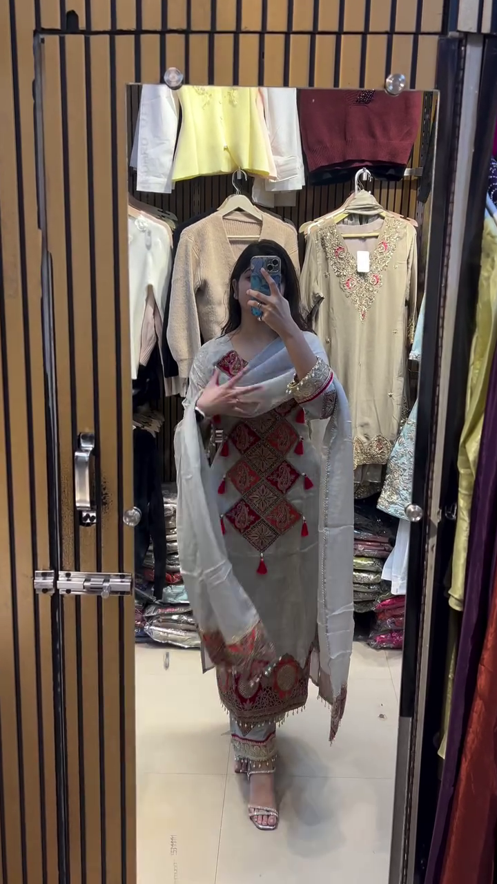 Beige and Red Traditional Suit – Festive Elegance with Classic Embroidery