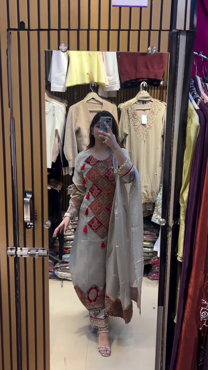 Beige and Red Traditional Suit – Festive Elegance with Classic Embroidery