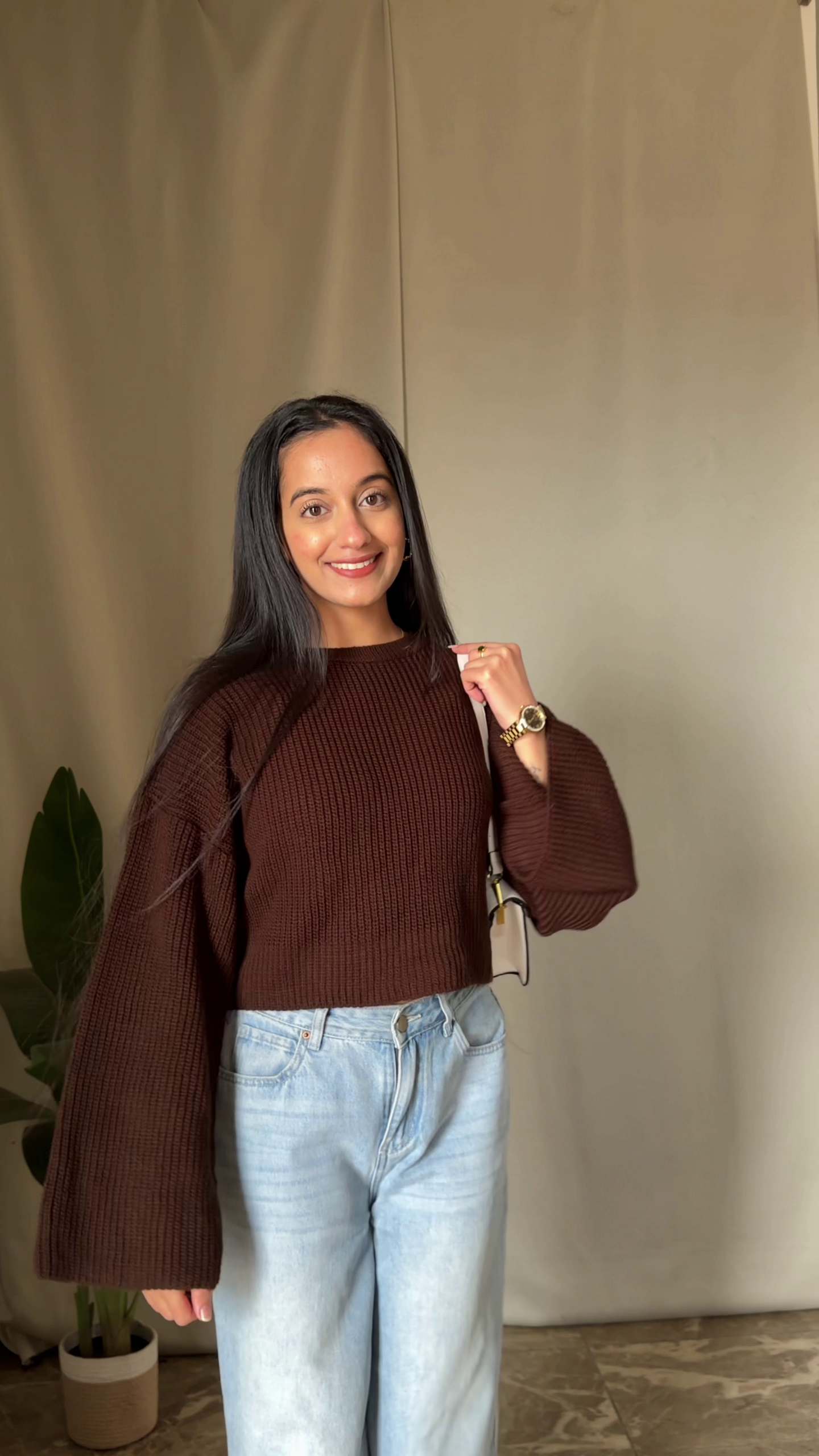 Chic Brown Knit Sweater with Casual Denim Look