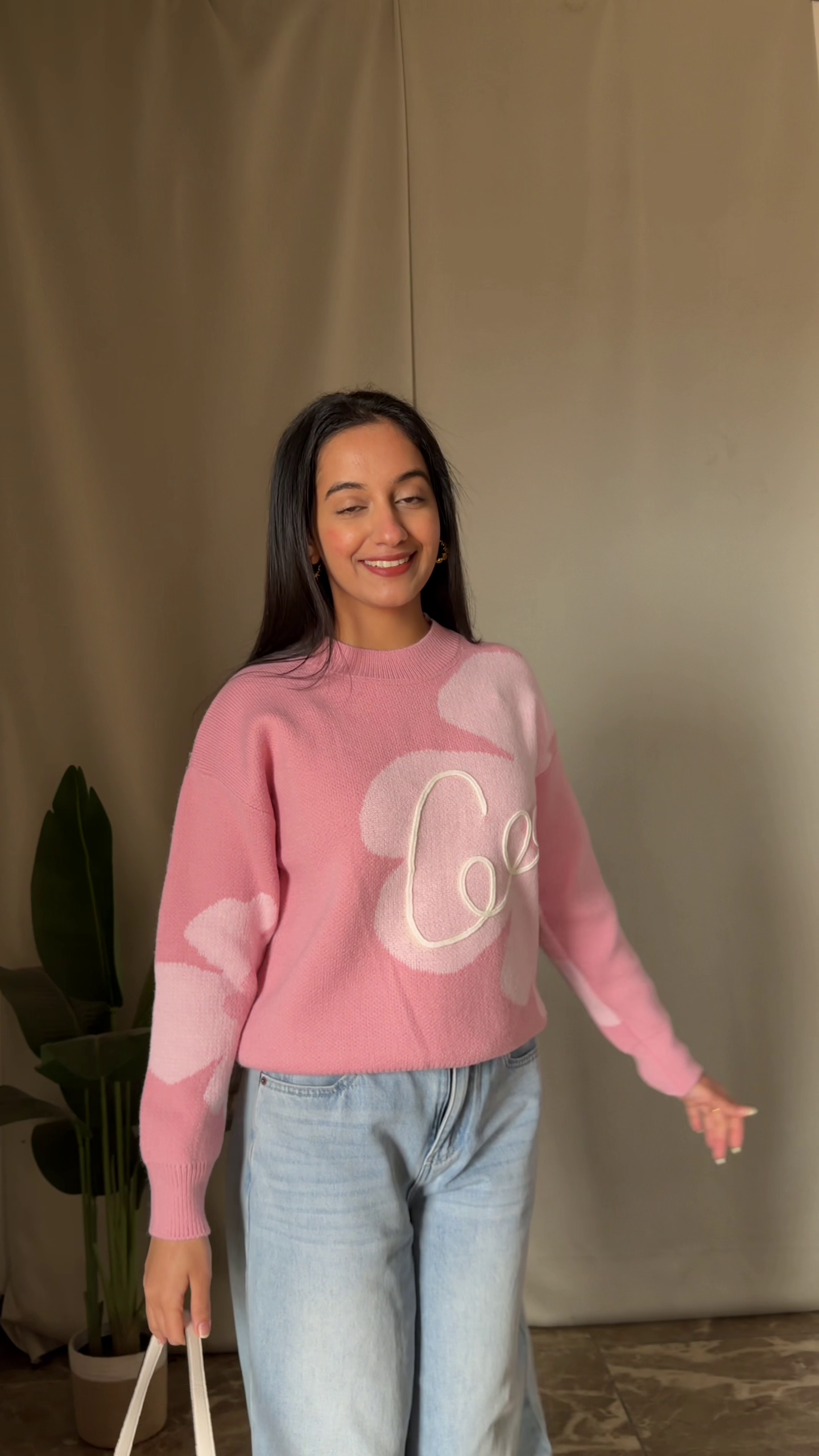 Chic Brown Knit Sweater with Casual Denim Look