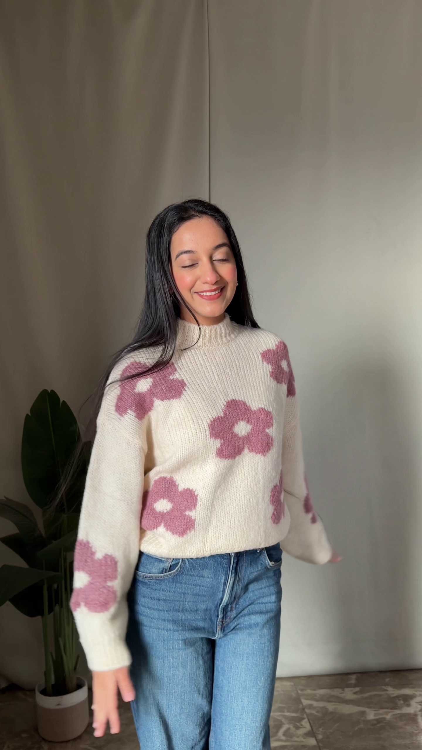 Chic Brown Knit Sweater with Casual Denim Look