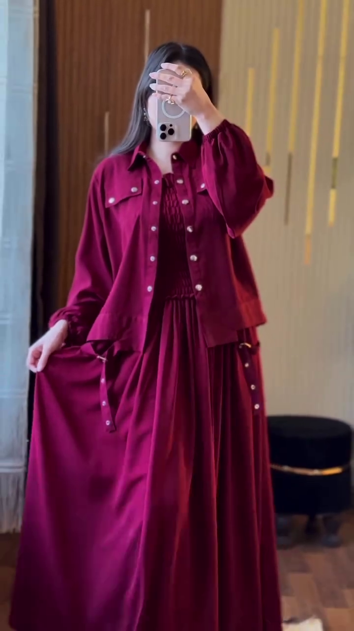 Chic Maroon Layered Dress with Casual Shirt Jacket