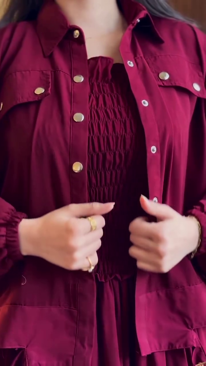 Chic Maroon Layered Dress with Casual Shirt Jacket