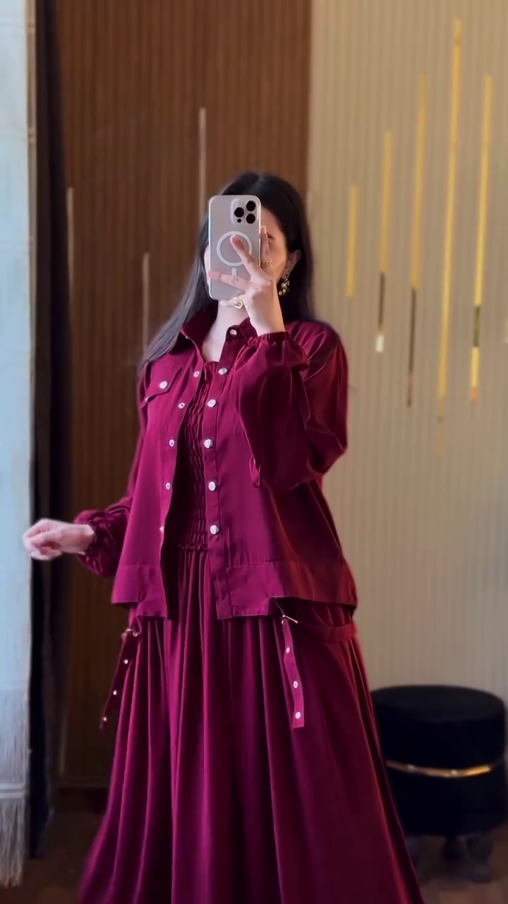 Chic Maroon Layered Dress with Casual Shirt Jacket