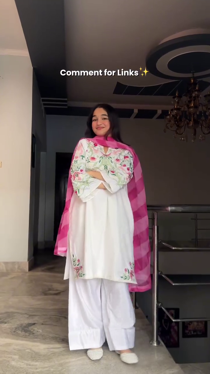 Elegant White Floral Suit with Pink Dupatta