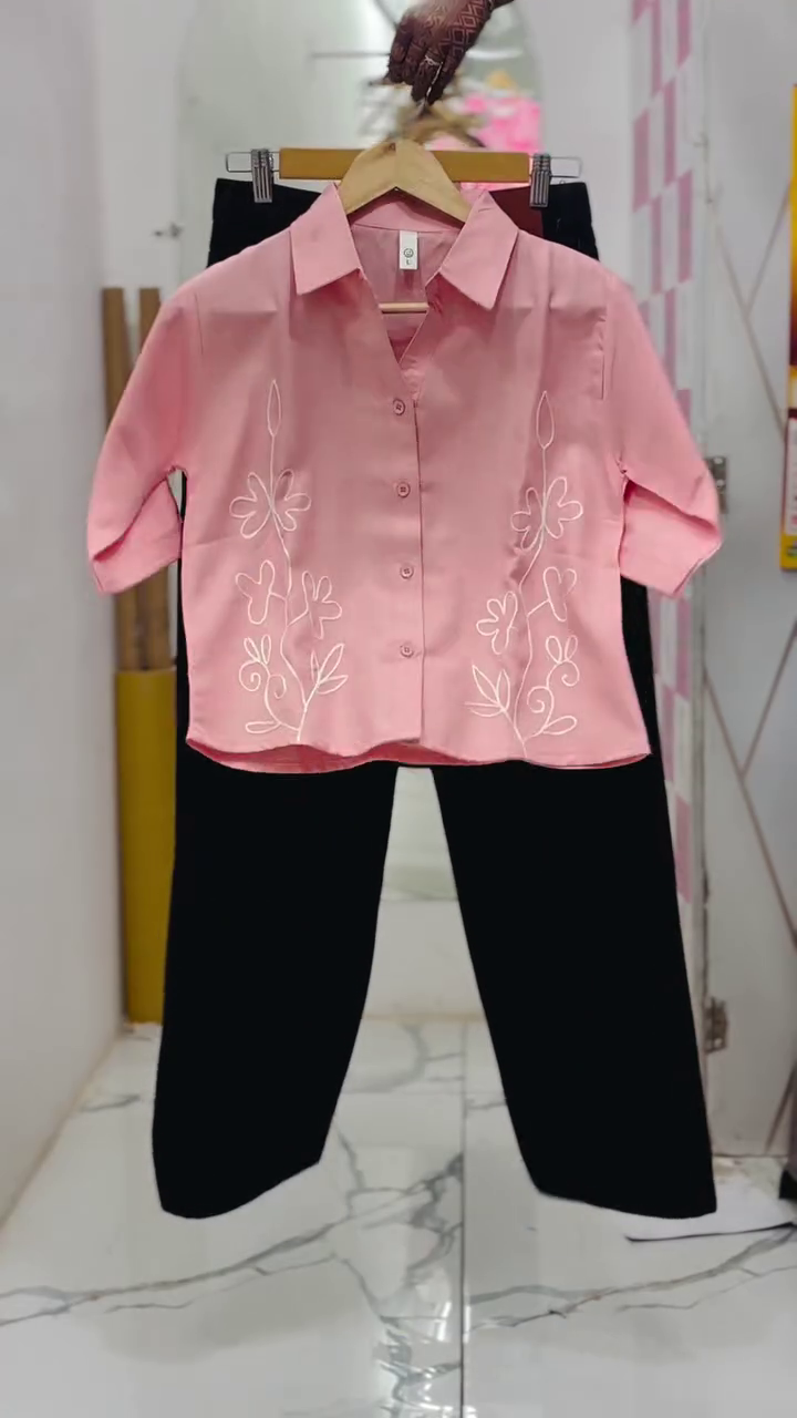 Soft Pink Embroidered Shirt with Timeless Black Bottom