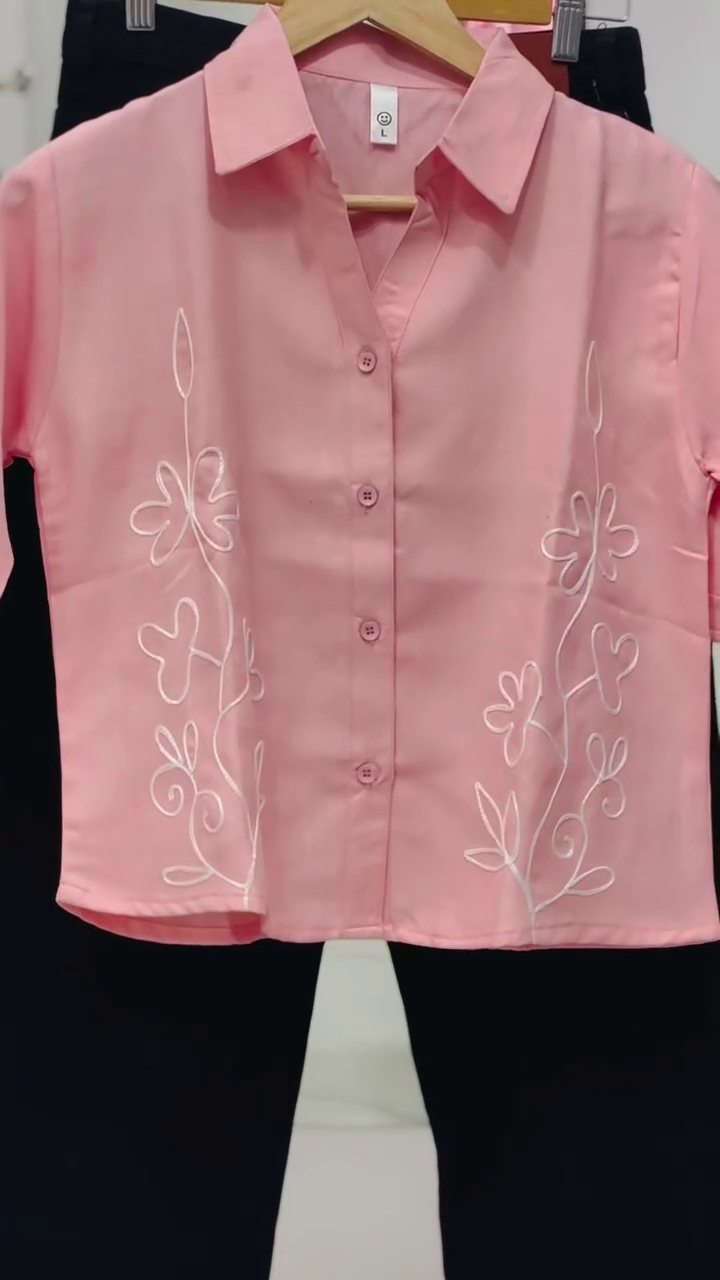 Soft Pink Embroidered Shirt with Timeless Black Bottom
