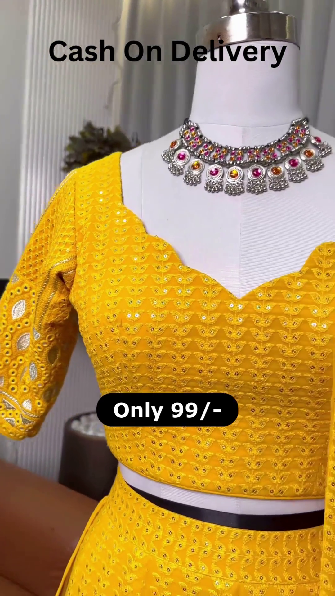 Bright Yellow Embroidered Fabric – Festive Glow at 99