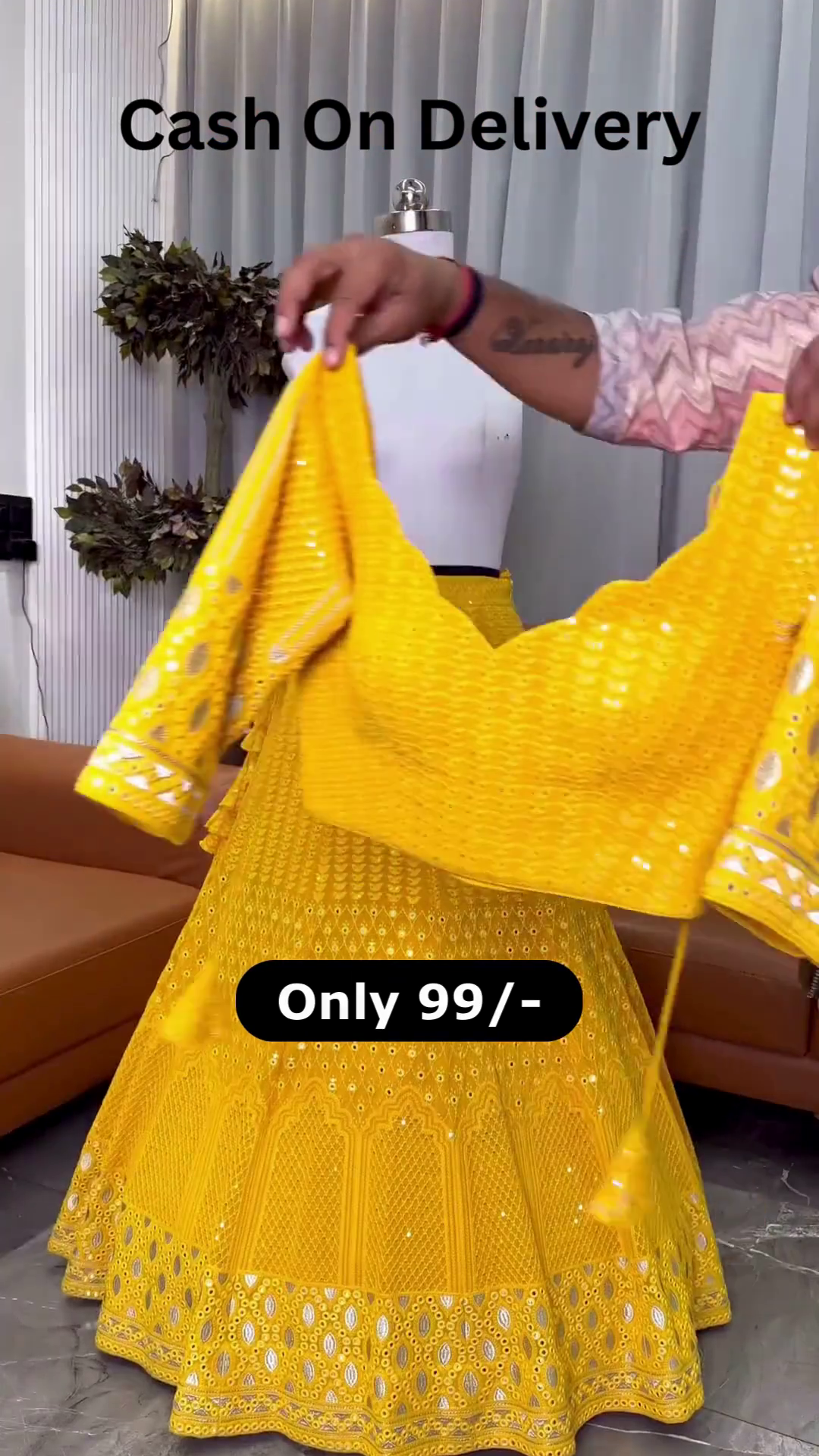 Bright Yellow Embroidered Fabric – Festive Glow at 99