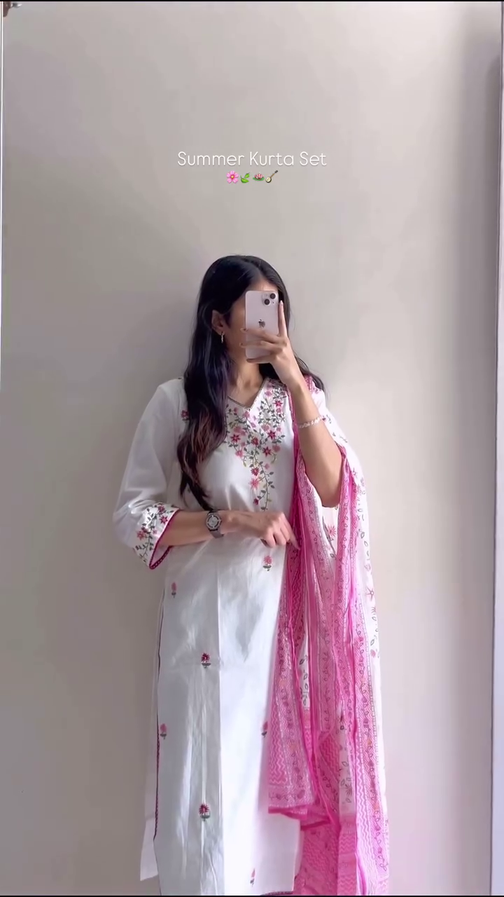 Graceful White & Pink Floral Summer Kurta Set