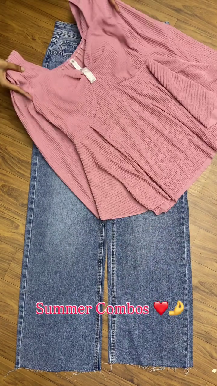 Trendy Pink Textured Top with Wide-Leg Denim