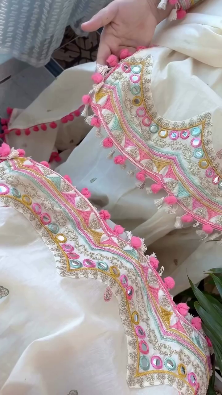 Beautiful Cream Embroidered Suit – Festive Elegance with Colorful Detailing