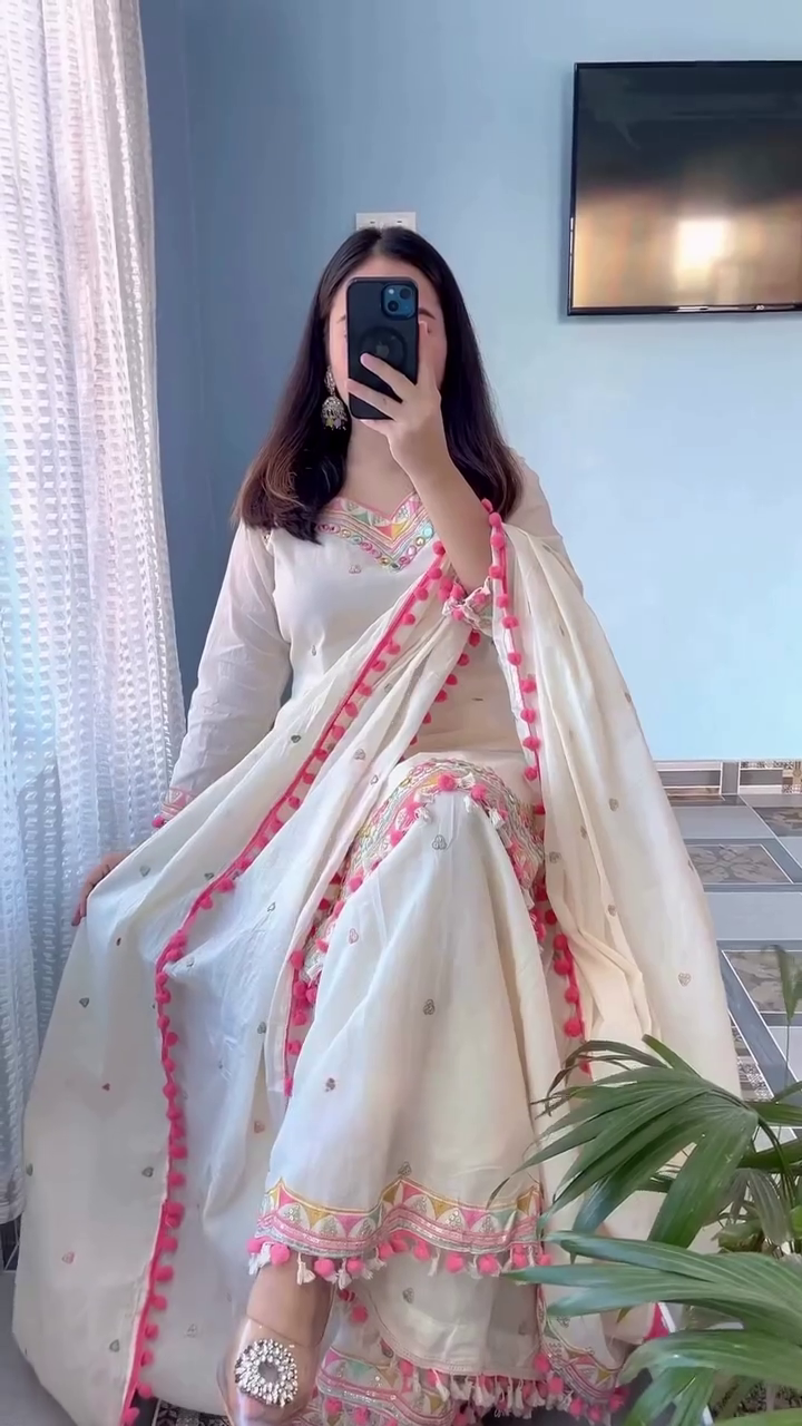 Graceful White Suit Set – Soft Elegance with Pink Tassel Charm