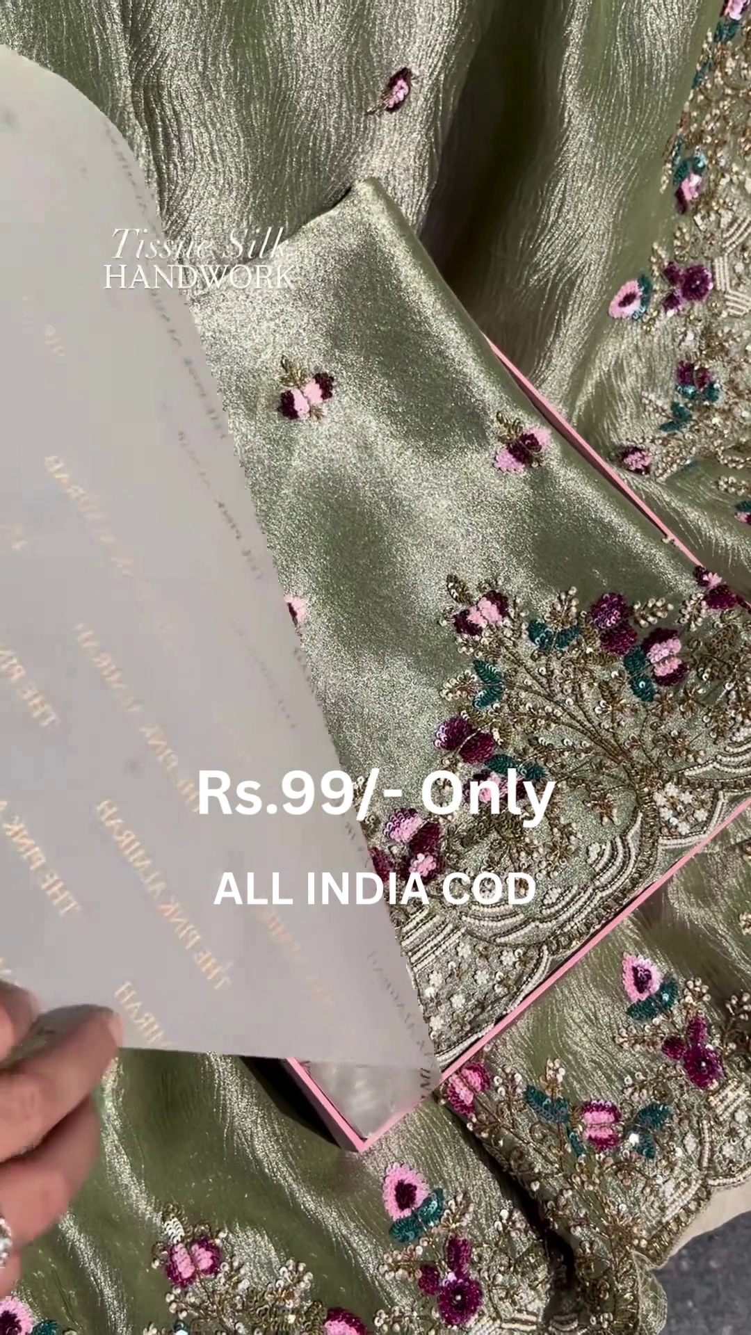 Luxurious Green Tissue Silk Suit with Intricate Floral Handwork Design