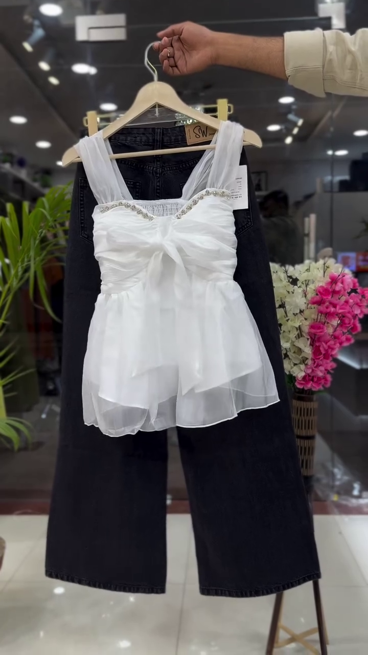 Elegant White Peplum Top & Denim Set – Chic Modern Glam