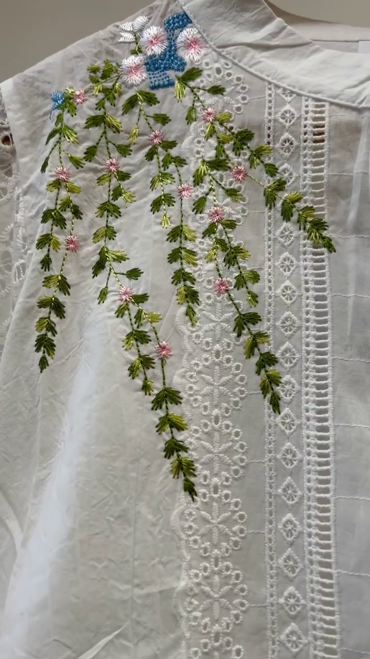 Chic White Embroidered Top with Olive Pants – Minimal & Classy