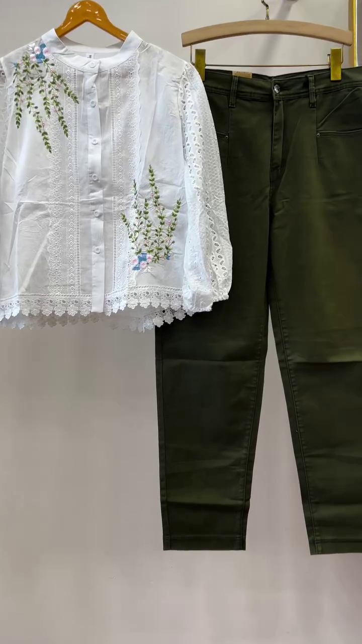 Chic White Embroidered Top with Olive Pants – Minimal & Classy