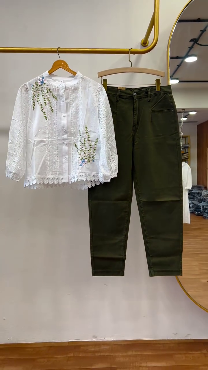 Chic White Embroidered Top with Olive Pants – Minimal & Classy