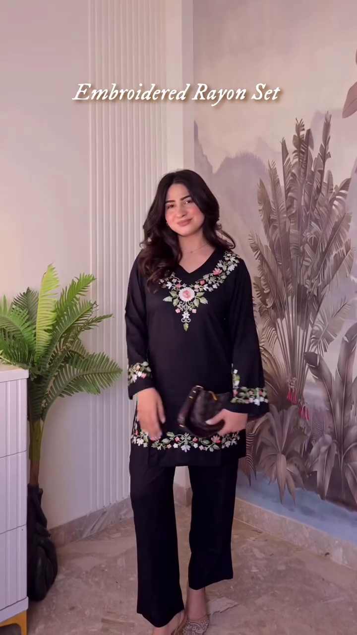 Elegant Black Embroidered Rayon Set – Timeless Grace with Modern Comfort